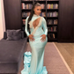 Ice Blue Mermaid Prom Birthday Dresses for Black Girl Long Sleeve Sparkly Crystal Beaded Sexy Hole Evening Birthday Gala Gown