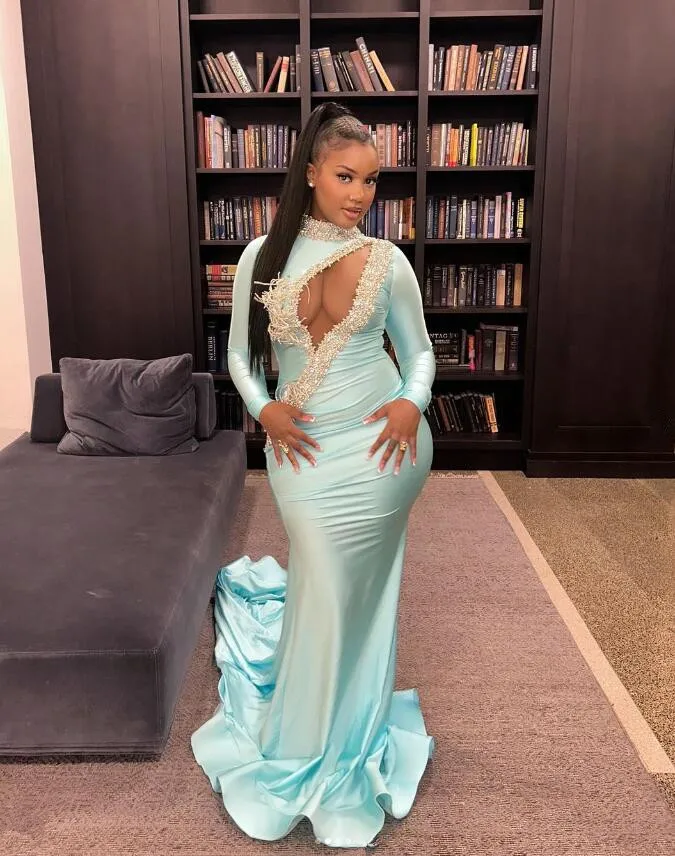 Ice Blue Mermaid Prom Birthday Dresses for Black Girl Long Sleeve Sparkly Crystal Beaded Sexy Hole Evening Birthday Gala Gown