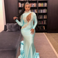 Ice Blue Mermaid Prom Birthday Dresses for Black Girl Long Sleeve Sparkly Crystal Beaded Sexy Hole Evening Birthday Gala Gown