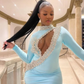 Ice Blue Mermaid Prom Birthday Dresses for Black Girl Long Sleeve Sparkly Crystal Beaded Sexy Hole Evening Birthday Gala Gown