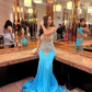 Sky Blue Long Mermaid Prom Birthday Dresses for Black Girl Sparkly Diamond Crystal Sheer Mesh Evening Gown robe de bal rose