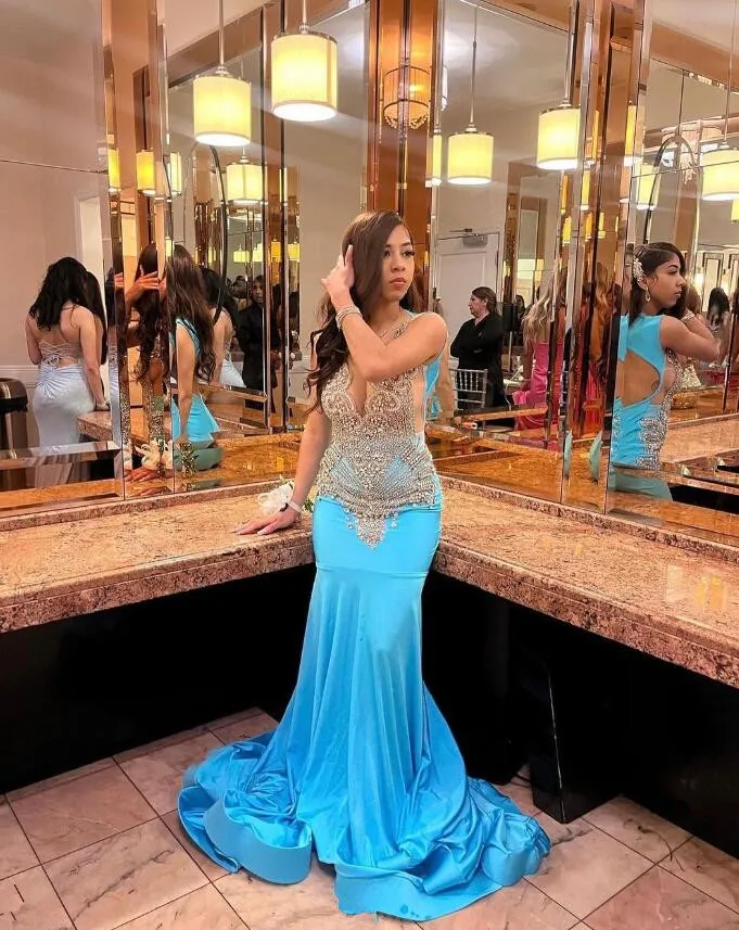 Sky Blue Long Mermaid Prom Birthday Dresses for Black Girl Sparkly Diamond Crystal Sheer Mesh Evening Gown robe de bal rose