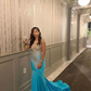 Sky Blue Long Mermaid Prom Birthday Dresses for Black Girl Sparkly Diamond Crystal Sheer Mesh Evening Gown robe de bal rose