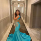 Sky Blue Long Mermaid Prom Birthday Dresses for Black Girl Sparkly Diamond Crystal Sheer Mesh Evening Gown robe de bal rose