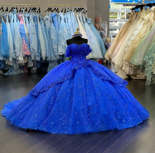 Royal Blue Sparkly Princess Quinceanera Dresses 2024 Off Shoulder Gillter Applique Corset vestidos de 15 quinceañera 2024