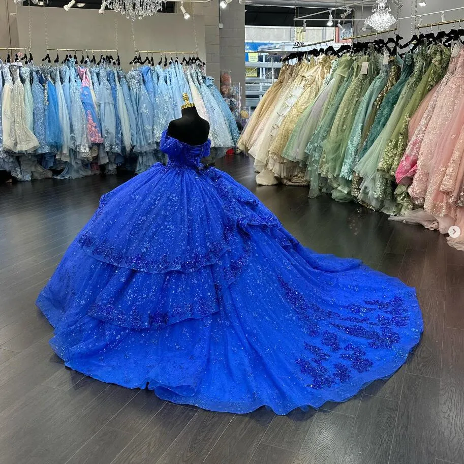 Royal Blue Sparkly Princess Quinceanera Dresses 2024 Off Shoulder Gillter Applique Corset vestidos de 15 quinceañera 2024