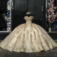 Champagne Sparkly Princess Quinceanera Dresses Off Shoulder Applique Beaded Mexican Queen vestido 15 años Prom Lace Up