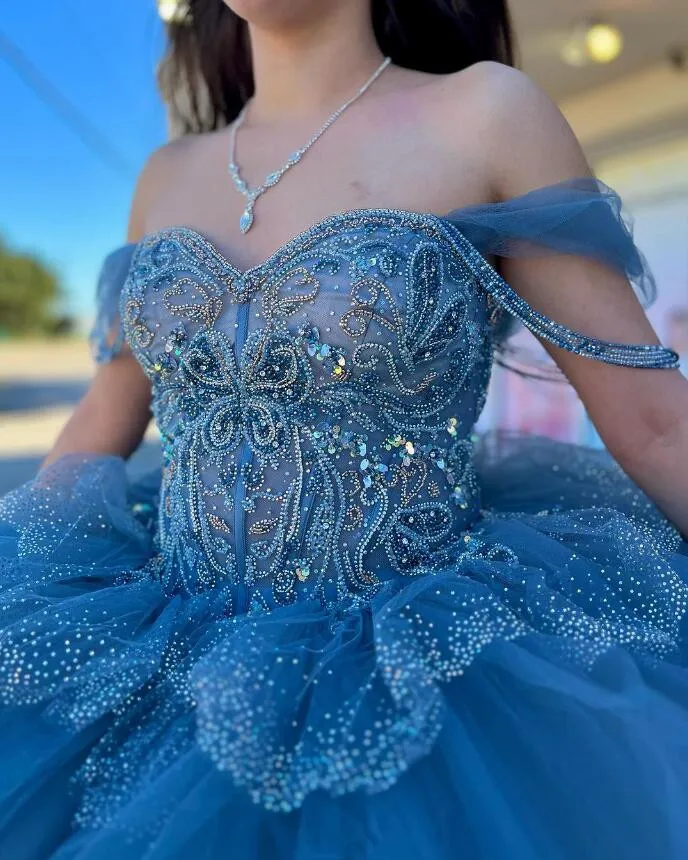 Grey Blue Sparkly Princess Quinceanera Dresses Off Shoulder Luxury Crystal Tiered Skirt vestido xv años Sweet 15 Prom