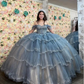 Grey Blue Sparkly Princess Quinceanera Dresses Off Shoulder Luxury Crystal Tiered Skirt vestido xv años Sweet 15 Prom