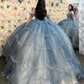 Grey Blue Sparkly Princess Quinceanera Dresses Off Shoulder Luxury Crystal Tiered Skirt vestido xv años Sweet 15 Prom