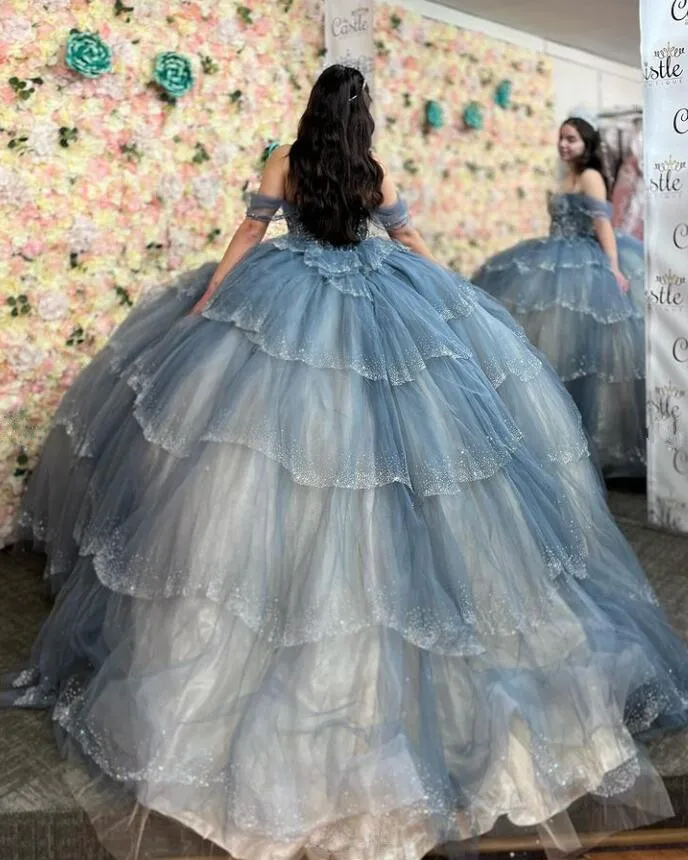 Grey Blue Sparkly Princess Quinceanera Dresses Off Shoulder Luxury Crystal Tiered Skirt vestido xv años Sweet 15 Prom