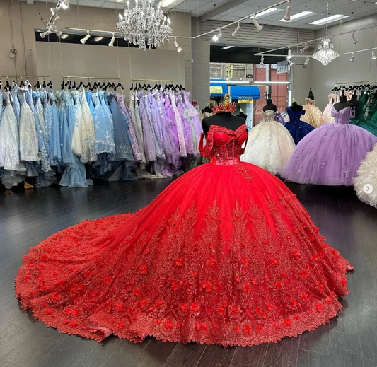 2024 Luxury Sparkly Fairytail Quinceanera Dresses Off Shoulder Gillter 3D Floral Boning vestido de 15 años Prom Lace Up