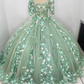 Vestido Verde Sage Princess Quinceanera Dresses with Sleeves Floral 3D Applique Leave vestidos de 15 años Prom Lace Up