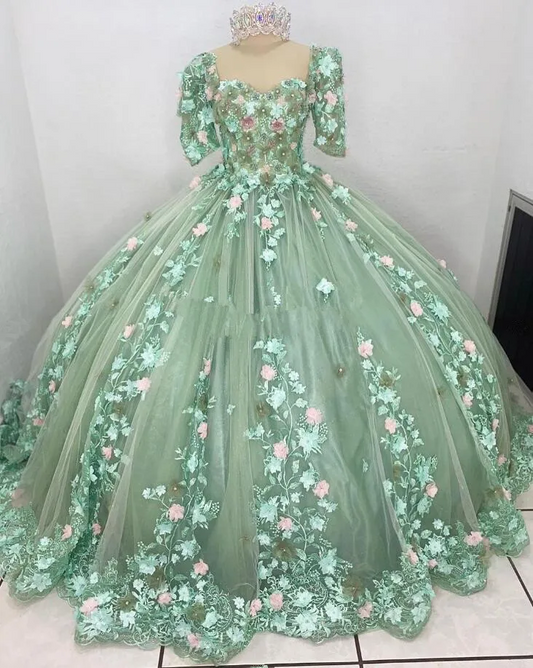 Vestido Verde Sage Princess Quinceanera Dresses with Sleeves Floral 3D Applique Leave vestidos de 15 años Prom Lace Up