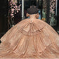 Glitter Rose Gold Princess Quinceanera Dress Bow Off Shoulder Crystals Beads Shiny Cinderella Sweet 16 Dress Vestidos De 15 Años