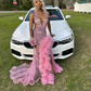 Pink Sparkly Long Trumpet Evening Birthday Dresses For Black Girl Luxury Diamond Gillter Ruffles Prom Ceremony Gala Dress