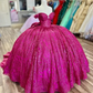 Fuchsia Pink Glitter Crystal Sequined Quinceanera Dresses Ball Gown Off The Shoulder Beading Tull Corset Vestidos 15 De XV Anos