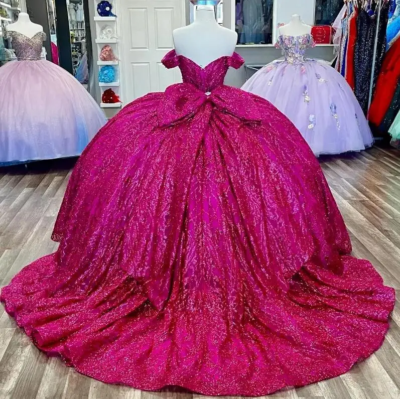 Fuchsia Pink Glitter Crystal Sequined Quinceanera Dresses Ball Gown Off The Shoulder Beading Tull Corset Vestidos 15 De XV Anos