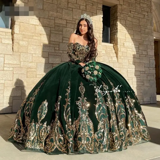 Mexican Girls Quince emerald Green Quinceanera Dresses Applique lace-up corset Sweet 16 Pageant Gowns Velvet Vestidos de XV años