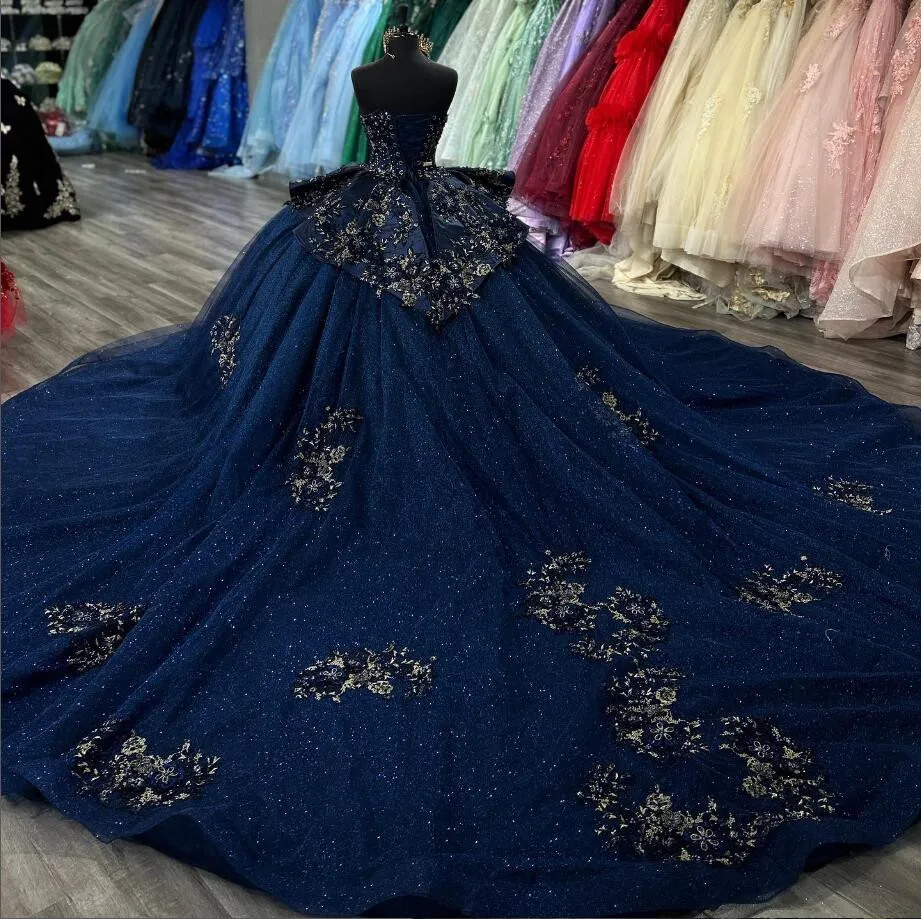 Navy Blue Sparkly Princess Quinceanera Dresses 2024 Applique Peplum Corset vestido de 15 quinceañeras Sweet 16 Lace Up