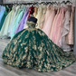 Emerald Goddess Charro Queen Quinceanera Dresses Gold Applique Off Shoulder vestidos de 15 años Lace-up Prom Sweet 16