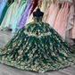 Emerald Goddess Charro Queen Quinceanera Dresses Gold Applique Off Shoulder vestidos de 15 años Lace-up Prom Sweet 16