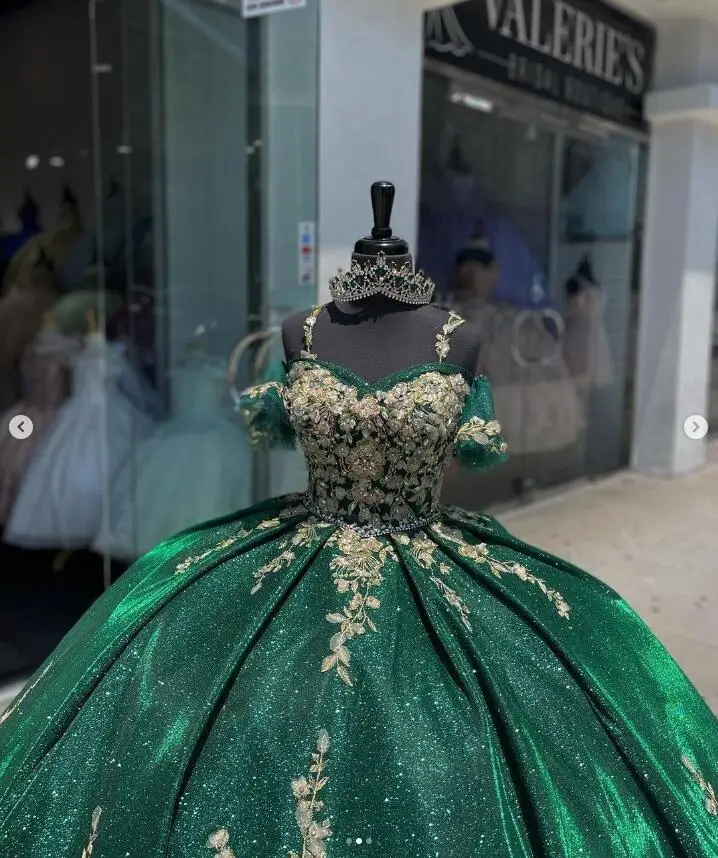 Emerald Hunter Green Ball Gown Quinceanera Dresses Gillter Floral Applique Princess Corset Prom Vestidos de fiesta 15 años