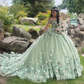 Mint Green Princess Quinceanera Dresses Off Shoulder 3D Floral Ball Gown Coset vestido 15 quinceañeras dorado Sweet 16