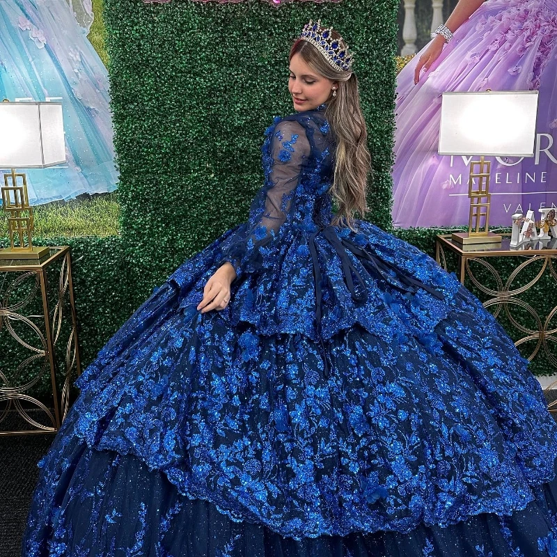 Sparkly Princess Navy Blue Off Shoulder Quinceanera Dresses 2024 Lace Applique Beads Sweet 16 Ball Gown Vestidos De 15 Años