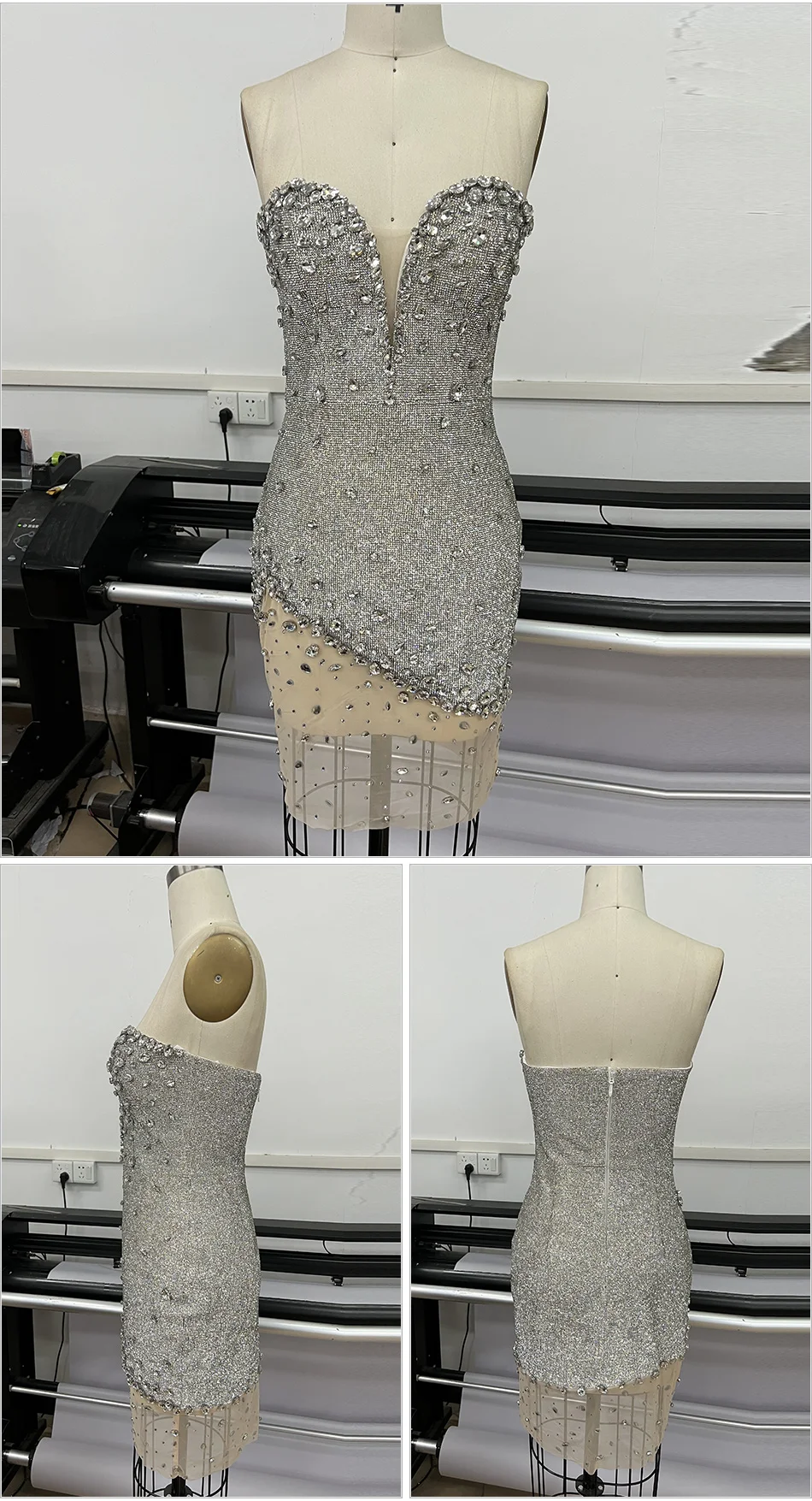 Sexy Tube Top Heavy Sequined Mesh Stitching Rhinestone Decorative Bag Hip Dress