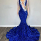 Royal Blue Sequin Prom Dresses 2024 Tassel Applique Mermaid Party Gowns Sheer Neck African Women Gala Dress