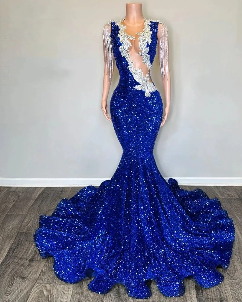 Royal Blue Sequin Prom Dresses 2024 Tassel Applique Mermaid Party Gowns Sheer Neck African Women Gala Dress