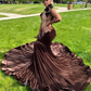 Chocolate Prom Dresses For Women 2024 Diamond Velvet Mermaid Party Gowns Sheer Neck Vestidos De Fiesta