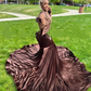 Chocolate Prom Dresses For Women 2024 Diamond Velvet Mermaid Party Gowns Sheer Neck Vestidos De Fiesta