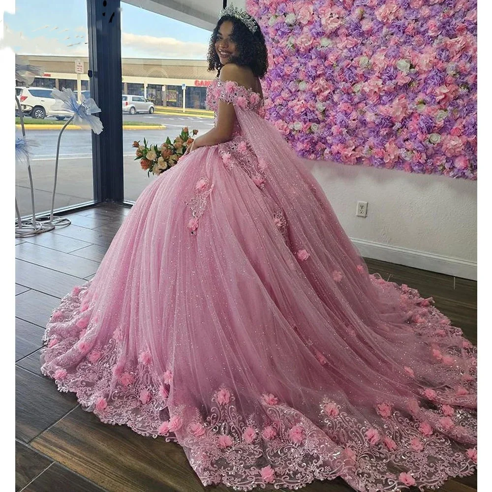 Princess Pink Lace Off Shoulder Quinceanera Dresses For Sweet 16 Years Gowns Birthday Party Princess Lace Appliques Puffy Ball