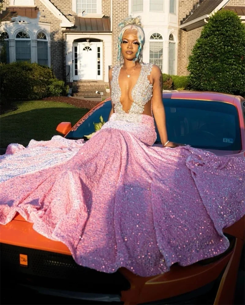 Luxury Pink Prom Dress 2024 For Black Girls Sparkly Crystal Rhinestones Beading Sequins Gown Birthday Party Homecoming Gown