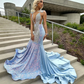 Shinny Sky Blue Sequin Beading Mermaid Prom Dresses 2024 Luxury Sliver Crystal Formal Birthday Party Gowns For Black Girl