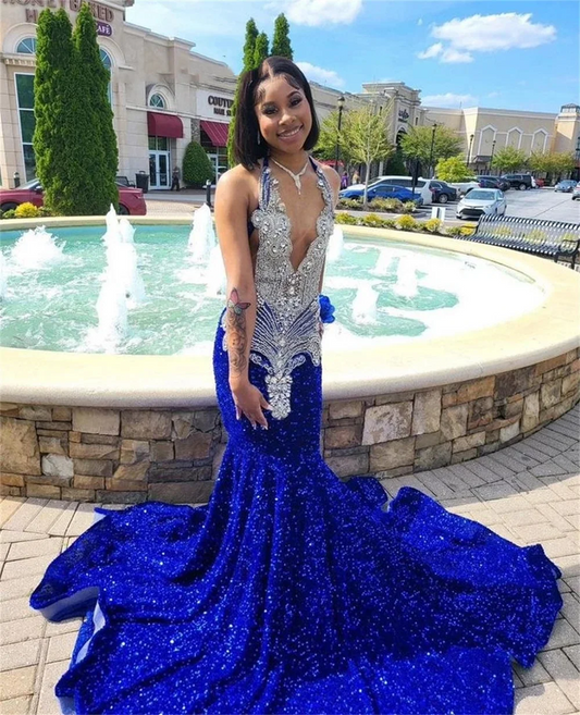 Glitter 2024 Royal Blue Sequin Mermaid Prom Dresses Sexy Halter Neck For Black Girls Cocktail Birthday Party Gowns African robe