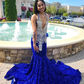 Glitter 2024 Royal Blue Sequin Mermaid Prom Dresses Sexy Halter Neck For Black Girls Cocktail Birthday Party Gowns African robe