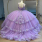 Lavender Sexy Off the Shoulder Ball Gown Quinceanera Dresses Applique Lace Crystal Beading Bow Tull Ribbons Corset Vestido De 15