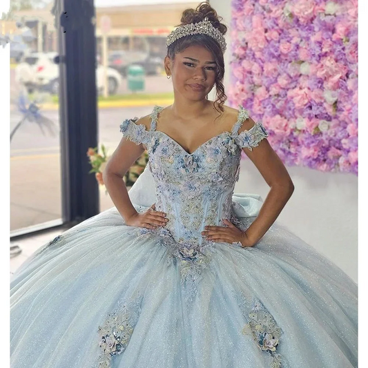 2024 Sky Blue Quinceanera Dresses Ball Gown Floral Sweet 16 15 Dress Lace Appliques Beading Off Shoulder Vestidos De Fiesta