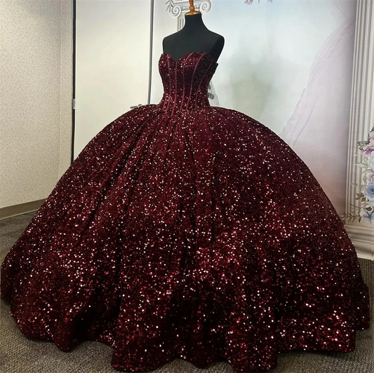Burgundy Sequin Corset Quinceanera Dresses Ball Gown 2023 Sweetheart Princess Plus Size Prom Party Gowns For Sweet 16 Dresses ve
