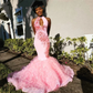 Pink High Neck Long Prom Dress For Black Girls Birthday Party Dresses Beaded Ruffles Evening Gowns Appliques Gown Robe De Bal