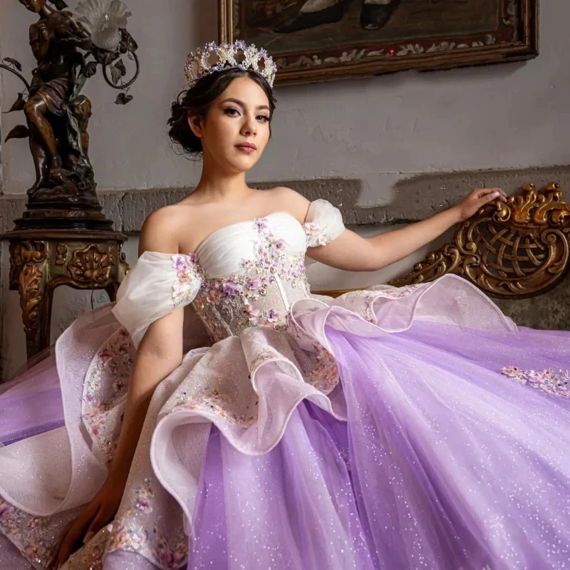 Purple Shiny Ball Gown Quinceanera Dress Sweet 15 16 Years Old Birthday Party Wear Sweetheart Off Shoulder Princess Long Girls