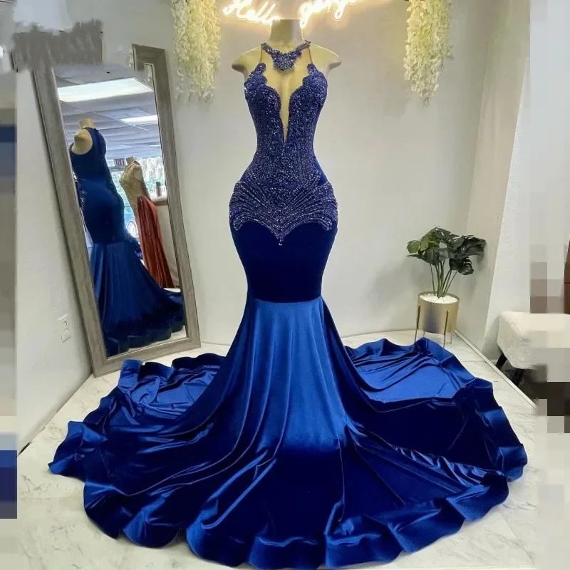 Sexy Royal Blue Velvet Vestidos De Gala Mermaid Prom Dresses For Black Girls 2024 Crystal Robe De Soiree Evening Birthday Party