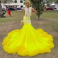 Yellow Velvet Long Prom Dress 2024 For Black Girls Beading Crystal Rhinestones Ruffles Birthday Party Evening Gown Vestidos