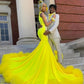 Yellow Velvet Long Prom Dress 2024 For Black Girls Beading Crystal Rhinestones Ruffles Birthday Party Evening Gown Vestidos