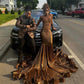 Sparkly Gold Diamonds Long Prom Dress 2024 Beads Crystals Rhinestones Court Train Glitter Birthday Party Wedding Reception