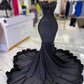 Elegant Strapless Long Prom Dress For Black Girls 2023 Beaded Crystal Birthday Party Dresses Feathers Evening Gowns Mermaid Lace