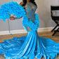 Legend Blue Velvet Feathers Mermaid Golden Crystal Beading Prom Dresses Luxury Designer Party Black Girls Bespoke robe de bal